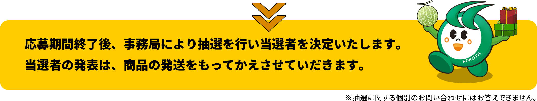 応募期間終了後、事務局により抽選を行い当選者を決定いたします。当選者の発表は、商品の発送をもってかえさせていだきます。